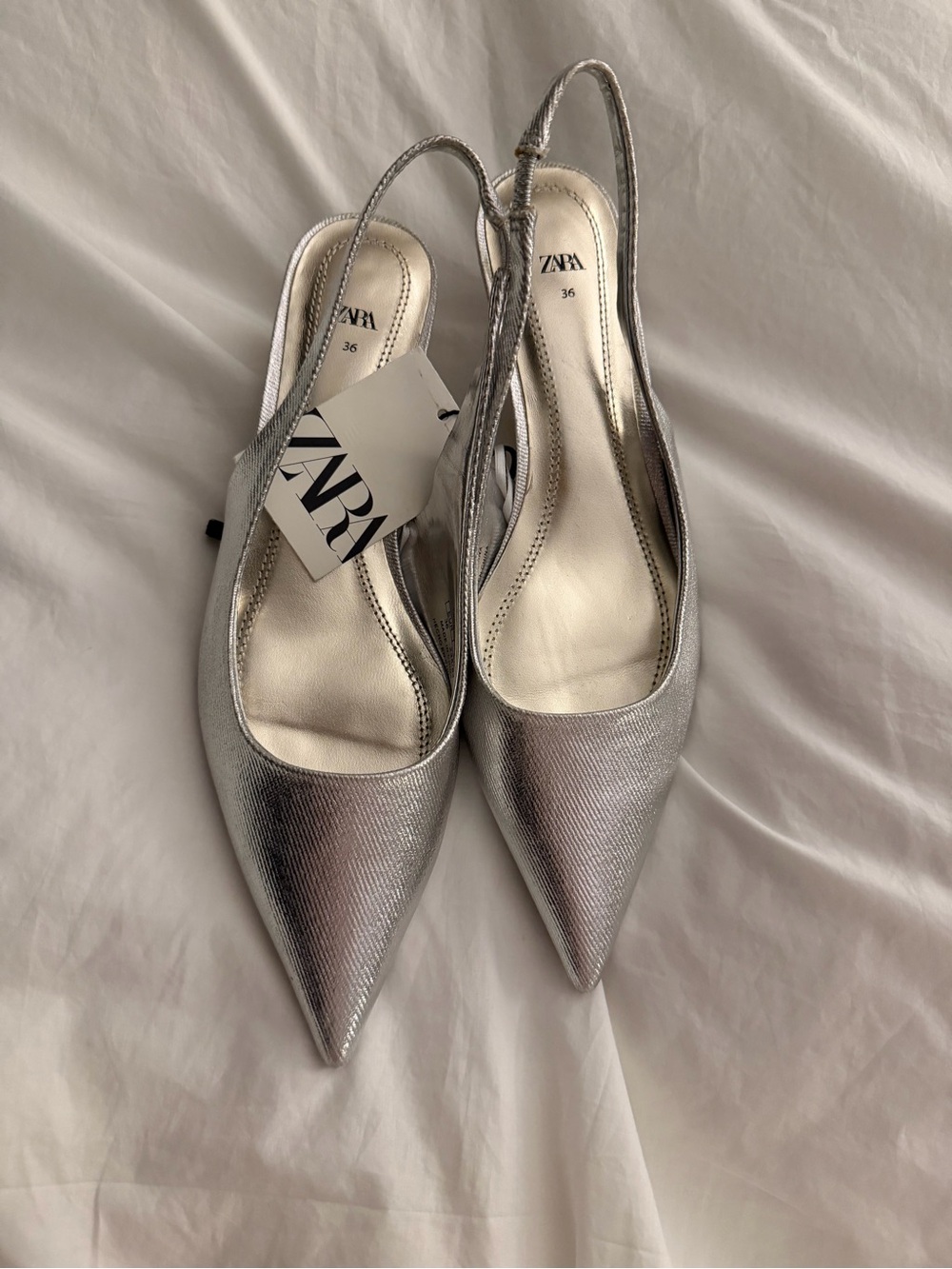 NWT- Zara Metallic Silver Pointed Slingback Kitten Heels